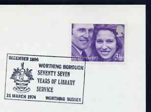 Postmark - Great Britain 1974 card bearing illustrated cancellation for 77 Years of Library service, Worthing, stamps on , stamps on  stamps on libraries