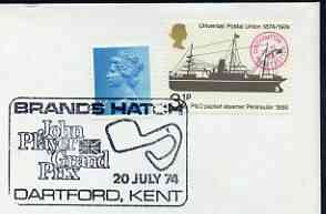 Postmark - Great Britain 1974 card bearing illustrated cancellation for Brands Hatch John Player Grand Prix, Dartford, stamps on cars, stamps on racing cars, stamps on  f1 , stamps on tobacco