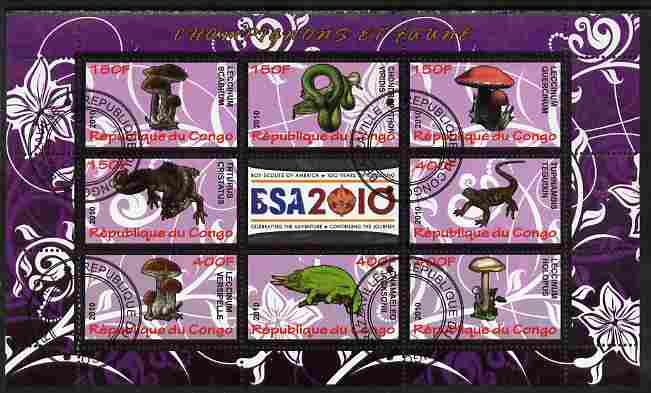 Congo 2010 Mushrooms & Fauna #05 perf sheetlet containing 8 values plus Scouts label fine cto used, stamps on , stamps on  stamps on fungi, stamps on  stamps on scouts, stamps on  stamps on animals, stamps on  stamps on reptiles, stamps on  stamps on snakes, stamps on  stamps on crocodiles, stamps on  stamps on lizards