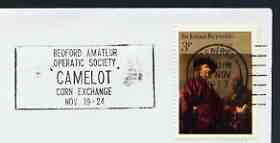 Postmark - Great Britain 1973 cover bearing slogan cancellation for Camelot by Bedford Amateur Operatic Society, stamps on music, stamps on opera