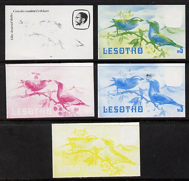 Lesotho 1982 Lilac Breasted Roller def M5 the set of 5 imperf progressive proofs comprising the 4 individual colours, plus blue & yellow, scarce (as SG 513), stamps on birds     roller