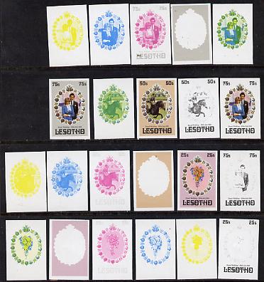 Lesotho 1981 Royal Wedding set of 3 each x 7 imperf progressive proofs comprising the 5 individual colours, plus 2 different combination composites incl completed design, scarce (22 proofs as SG 451-3), stamps on royalty, stamps on diana, stamps on charles, stamps on 