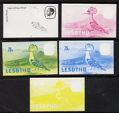 Lesotho 1981 Hoopoe 75s the set of 5 imperf progressive proofs comprising the 4 individual colours, plus blue & yellow, scarce (as SG 447), stamps on , stamps on  stamps on lesotho, stamps on  stamps on birds, stamps on  stamps on hoopoe