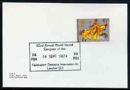 Postmark - Great Britain 1974 card bearing illustrated cancellation for 62nd Annual World Dental Congress, stamps on dental