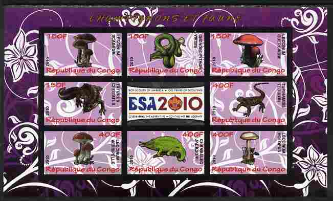 Congo 2010 Mushrooms & Fauna #05 imperf sheetlet containing 8 values plus Scouts label unmounted mint, stamps on , stamps on  stamps on fungi, stamps on  stamps on scouts, stamps on  stamps on animals, stamps on  stamps on reptiles, stamps on  stamps on snakes, stamps on  stamps on crocodiles, stamps on  stamps on lizards