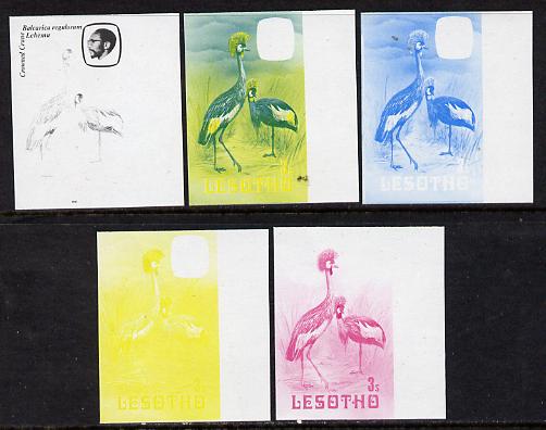 Lesotho 1981 Crowned Crane 3s the set of 5 imperf progressive proofs comprising the 4 individual colours, plus blue & yellow, scarce (as SG 439, stamps on , stamps on  stamps on lesotho, stamps on  stamps on birds, stamps on  stamps on cranes, stamps on  stamps on 