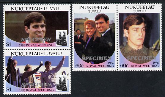 Tuvalu - Nukufetau 1986 Royal Wedding (Andrew & Fergie) set of 4 (2 se-tenant pairs) overprinted SPECIMEN in silver unmounted mint, stamps on , stamps on  stamps on royalty, stamps on  stamps on andrew, stamps on  stamps on fergie, stamps on  stamps on 