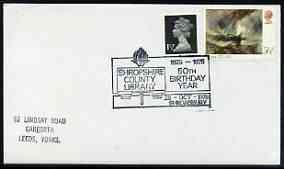 Postmark - Great Britain 1975 cover bearing illustrated cancellation for Shropshire County Library, 50th Birthday, stamps on libraries
