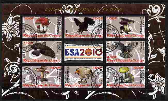 Congo 2010 Mushrooms & Fauna #06 perf sheetlet containing 8 values plus Scouts label fine cto used, stamps on , stamps on  stamps on fungi, stamps on  stamps on scouts, stamps on  stamps on animals, stamps on  stamps on birds, stamps on  stamps on birds of prey