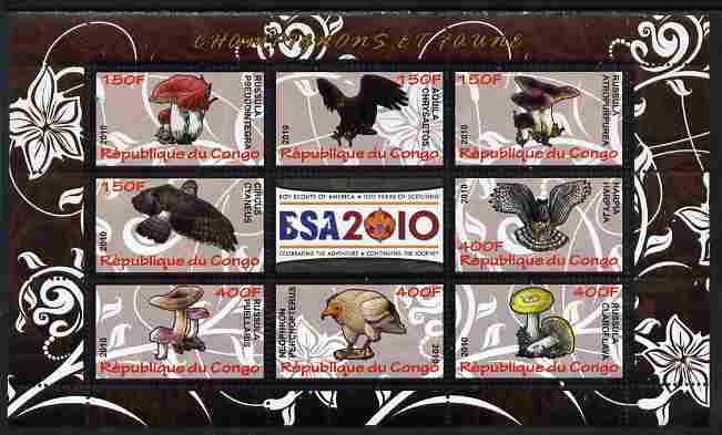 Congo 2010 Mushrooms & Fauna #06 perf sheetlet containing 8 values plus Scouts label unmounted mint, stamps on fungi, stamps on scouts, stamps on animals, stamps on birds, stamps on birds of prey