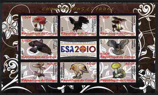 Congo 2010 Mushrooms & Fauna #06 imperf sheetlet containing 8 values plus Scouts label unmounted mint, stamps on fungi, stamps on scouts, stamps on animals, stamps on birds, stamps on birds of prey