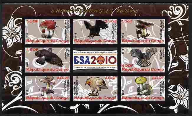 Congo 2010 Mushrooms & Fauna #06 imperf sheetlet containing 8 values plus Scouts label unmounted mint, stamps on , stamps on  stamps on fungi, stamps on  stamps on scouts, stamps on  stamps on animals, stamps on  stamps on birds, stamps on  stamps on birds of prey