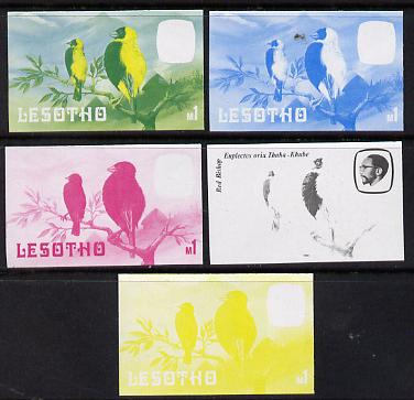 Lesotho 1981 Red Bishop M1 the set of 5 imperf progressive proofs comprising the 4 individual colours, plus blue & yellow, scarce (as SG 448), stamps on birds, stamps on bishop
