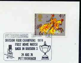 Postmark - Great Britain 1974 cover bearing illustrated cancellation for Peterborough United FC, First home match back in Division 3, stamps on , stamps on  stamps on football, stamps on  stamps on sport