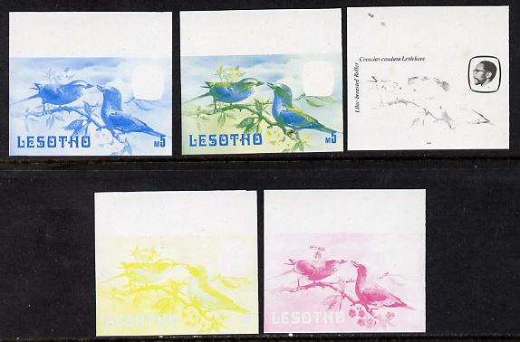 Lesotho 1981 Lilac Breasted Roller M5 the set of 5 imperf progressive proofs comprising the 4 individual colours, plus blue & yellow, scarce (as SG 450), stamps on , stamps on  stamps on lesotho, stamps on  stamps on birds, stamps on  stamps on roller