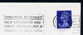 Postmark - Great Britain 1974 cover bearing illustrated slogan cancellation for 'Operation Gatepost - Help emergency services', stamps on rescue, stamps on fire, stamps on police, stamps on ambulance