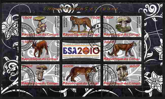 Congo 2010 Mushrooms & Fauna #07 perf sheetlet containing 8 values plus Scouts label fine cto used, stamps on , stamps on  stamps on fungi, stamps on  stamps on scouts, stamps on  stamps on animals, stamps on  stamps on cats