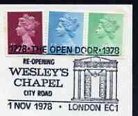 Postmark - Great Britain 1978 cover bearing illustrated cancellation for Re-opening Wesleys Chapel, London, stamps on religion, stamps on methodist, stamps on churches