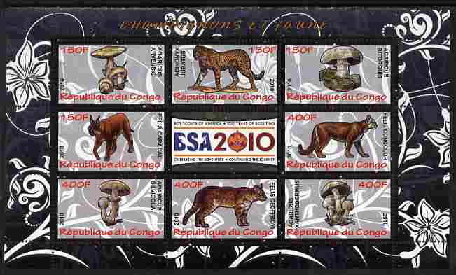 Congo 2010 Mushrooms & Fauna #07 perf sheetlet containing 8 values plus Scouts label unmounted mint, stamps on fungi, stamps on scouts, stamps on animals, stamps on cats