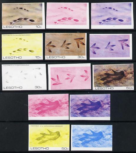 Lesotho 1984 Prehistoric Footprints set of 3 each x 4 (or 5) various single or combination composites incl completed design, very scarce with only 30 such sets believed t..., stamps on archaeology    dinosaurs