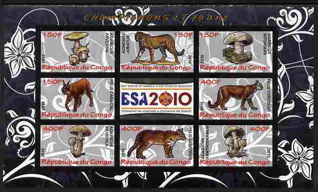 Congo 2010 Mushrooms & Fauna #07 imperf sheetlet containing 8 values plus Scouts label unmounted mint, stamps on fungi, stamps on scouts, stamps on animals, stamps on cats