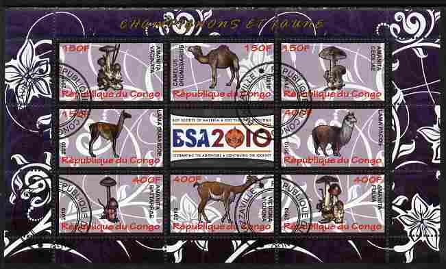 Congo 2010 Mushrooms & Fauna #08 perf sheetlet containing 8 values plus Scouts label fine cto used, stamps on fungi, stamps on scouts, stamps on animals, stamps on camels