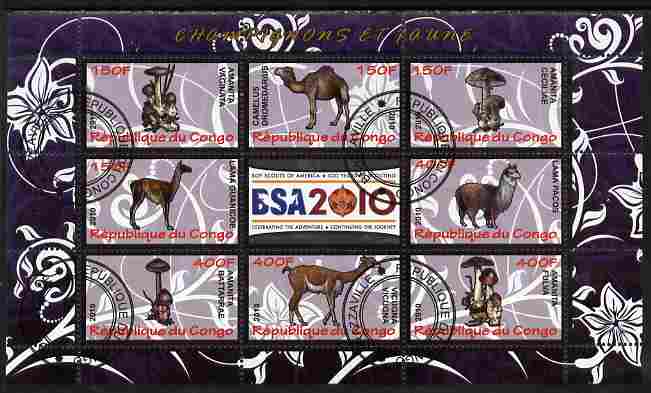 Congo 2010 Mushrooms & Fauna #08 perf sheetlet containing 8 values plus Scouts label fine cto used, stamps on , stamps on  stamps on fungi, stamps on  stamps on scouts, stamps on  stamps on animals, stamps on  stamps on camels