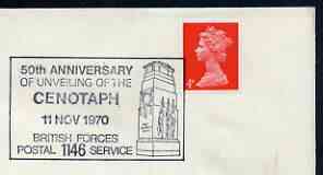 Postmark - Great Britain 1970 cover bearing illustrated cancellation for 50th Anniversary of Unveiling of the Cenotaph, stamps on , stamps on  stamps on militaria, stamps on  stamps on monuments, stamps on  stamps on london, stamps on  stamps on  ww1 , stamps on  stamps on  ww2 , stamps on  stamps on 