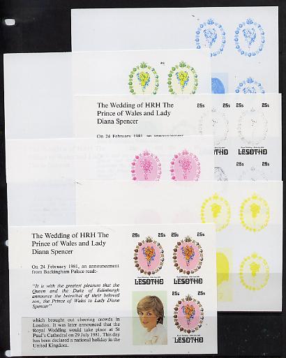 Lesotho 1981 Royal Wedding 25s value (x 3) in booklet panes as SG 451a x 6 imperf progressive proofs comprising various single colour or composite combinations, extremely..., stamps on royalty, stamps on diana, stamps on charles, stamps on 