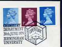 Postmark - Great Britain 1979 cover bearing illustrated slogan cancellation for Open Day, Chemistry Dept, Birmingham University, stamps on chemistry, stamps on science, stamps on universities
