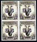 Australia 1932 Lyre Bird 1s opt'd OS imperf block of 4 being a 'Hialeah' forgery on gummed paper (as SG O136), stamps on , stamps on  stamps on birds, stamps on  stamps on , stamps on  stamps on  kg5 , stamps on  stamps on , stamps on  stamps on forgery, stamps on  stamps on forgeries