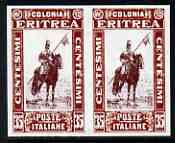 Eritrea 1930 Lancer 35c imperf pair being a 'Hialeah' forgery on gummed paper (as SG 156), stamps on , stamps on  stamps on militaria, stamps on  stamps on forgery, stamps on  stamps on forgeries, stamps on  stamps on horses