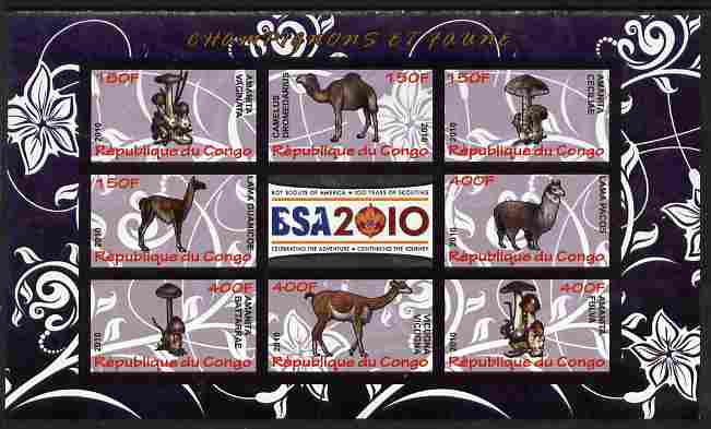 Congo 2010 Mushrooms & Fauna #08 imperf sheetlet containing 8 values plus Scouts label unmounted mint, stamps on , stamps on  stamps on fungi, stamps on  stamps on scouts, stamps on  stamps on animals, stamps on  stamps on camels