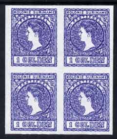 Surinam 1907 Queen Wilhelmina 1g imperf block of 4 being a Hialeah forgery on gummed paper unmounted mint (as SG 102), stamps on royalty, stamps on forgery, stamps on forgeries