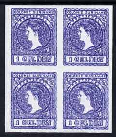 Surinam 1907 Queen Wilhelmina 1g imperf block of 4 being a 'Hialeah' forgery on gummed paper unmounted mint (as SG 102), stamps on , stamps on  stamps on royalty, stamps on  stamps on forgery, stamps on  stamps on forgeries