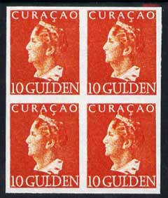 Netherlands - Curacao 1946 Queen Wilhelmina 10g imperf block of 4 being a 'Hialeah' forgery on gummed paper unmounted mint (as SG 261), stamps on , stamps on  stamps on royalty, stamps on  stamps on forgery, stamps on  stamps on forgeries