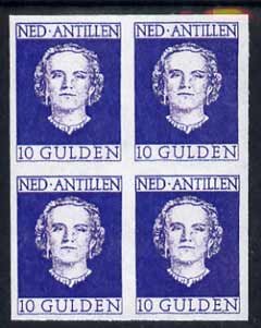 Netherlands Antilles 1950 Queen Juliana 10g imperf block of 4 being a 'Hialeah' forgery on gummed paper unmounted mint (as SG 324), stamps on , stamps on  stamps on royalty, stamps on  stamps on forgery, stamps on  stamps on forgeries