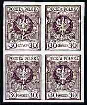 Poland 1924 Eagle 30g imperf block of 4 being a 'Hialeah' forgery on gummed paper (as SG 219)