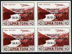 Montenegro - German Occupation 1943 National Administration opt on 10L imperf block of 4 being a 'Hialeah' forgery on gummed paper (as SG 94), stamps on , stamps on  stamps on forgery, stamps on  stamps on forgeries, stamps on  stamps on aviation, stamps on  stamps on lakes