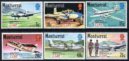 Montserrat 1971 Anniversary of LIAT (Leeward Is Air Transport) perf set of 6 unmounted mint, SG 280-85, stamps on , stamps on  stamps on aviation, stamps on  stamps on piper, stamps on  stamps on beech, stamps on  stamps on dh, stamps on  stamps on britten, stamps on  stamps on hawker siddeley