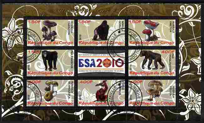 Congo 2010 Mushrooms & Fauna #09 perf sheetlet containing 8 values plus Scouts label fine cto used, stamps on fungi, stamps on scouts, stamps on animals, stamps on apes
