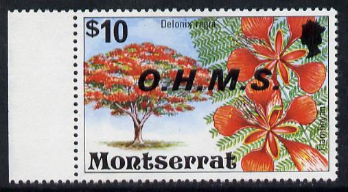 Montserrat 1976 Flamboyant Tree OHMS $10 unmounted mint (only previously recorded cto used) SG O16, stamps on , stamps on  stamps on flowers, stamps on  stamps on trees, stamps on  stamps on 