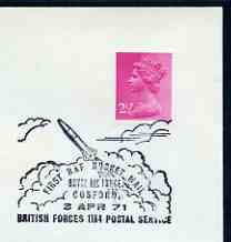 Postmark - Great Britain 1971 cover bearing illustrated cancellation for First RAF Rocket Mail (BFPS), stamps on , stamps on  stamps on aviation, stamps on  stamps on  raf, stamps on  stamps on rockets, stamps on  stamps on postal, stamps on  stamps on space