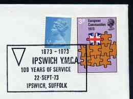 Postmark - Great Britain 1973 cover bearing illustrated slogan cancellation for 100 Years of YMCA, Ipswich, stamps on ymca
