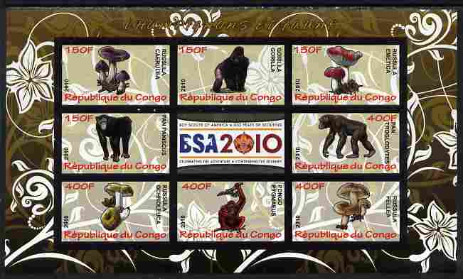 Congo 2010 Mushrooms & Fauna #09 imperf sheetlet containing 8 values plus Scouts label unmounted mint, stamps on , stamps on  stamps on fungi, stamps on  stamps on scouts, stamps on  stamps on animals, stamps on  stamps on apes