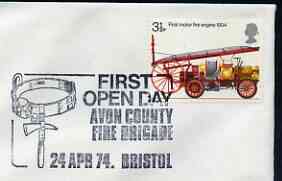 Postmark - Great Britain 1974 cover bearing illustrated cancellation for First Open Day, Avon County Fire Brigade, stamps on , stamps on  stamps on rescue, stamps on  stamps on fire