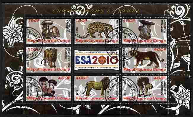 Congo 2010 Mushrooms & Fauna #10 perf sheetlet containing 8 values plus Scouts label fine cto used, stamps on , stamps on  stamps on fungi, stamps on  stamps on scouts, stamps on  stamps on animals, stamps on  stamps on cats