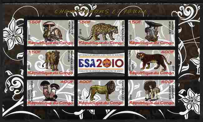 Congo 2010 Mushrooms & Fauna #10 imperf sheetlet containing 8 values plus Scouts label unmounted mint, stamps on , stamps on  stamps on fungi, stamps on  stamps on scouts, stamps on  stamps on animals, stamps on  stamps on cats