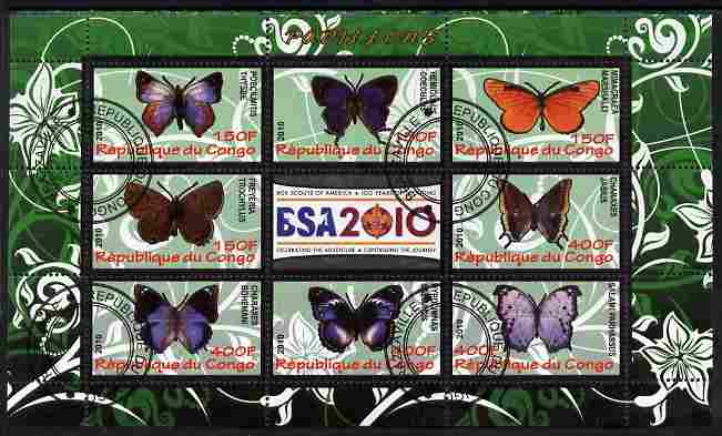Congo 2010 Butterflies #01 perf sheetlet containing 8 values plus Scouts label fine cto used, stamps on butterflies, stamps on scouts, stamps on 