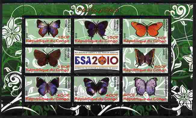 Congo 2010 Butterflies #01 perf sheetlet containing 8 values plus Scouts label unmounted mint, stamps on butterflies, stamps on scouts, stamps on 